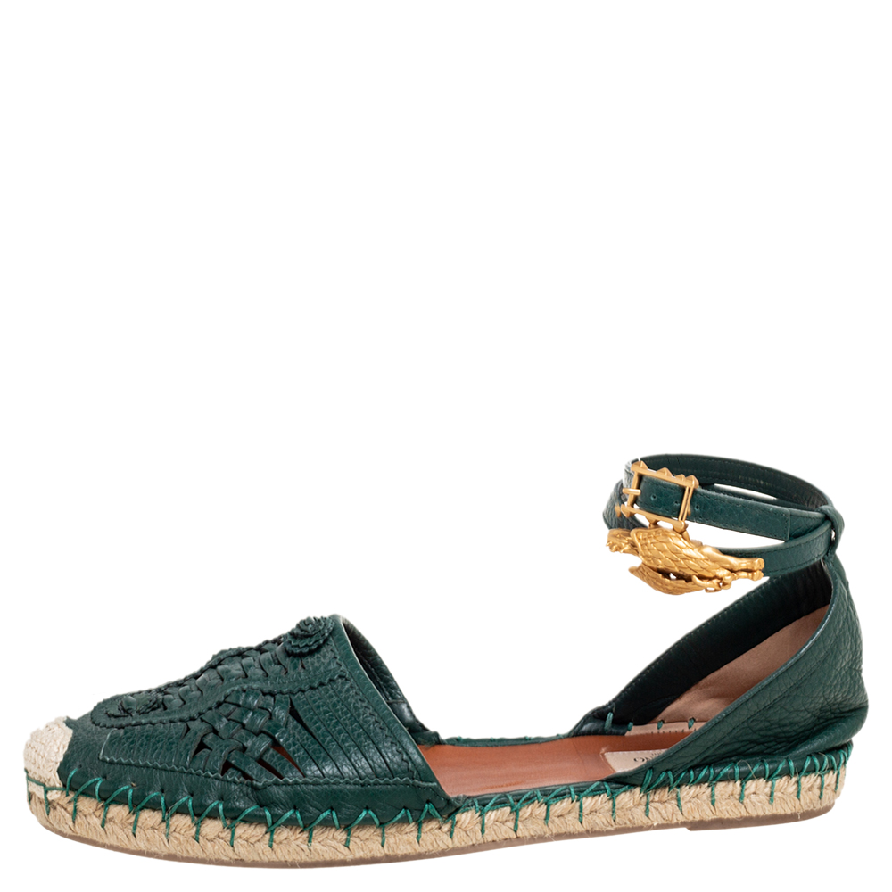 

Valentino Green Weaved Leather Ankle Wrap Flat Espadrilles Size