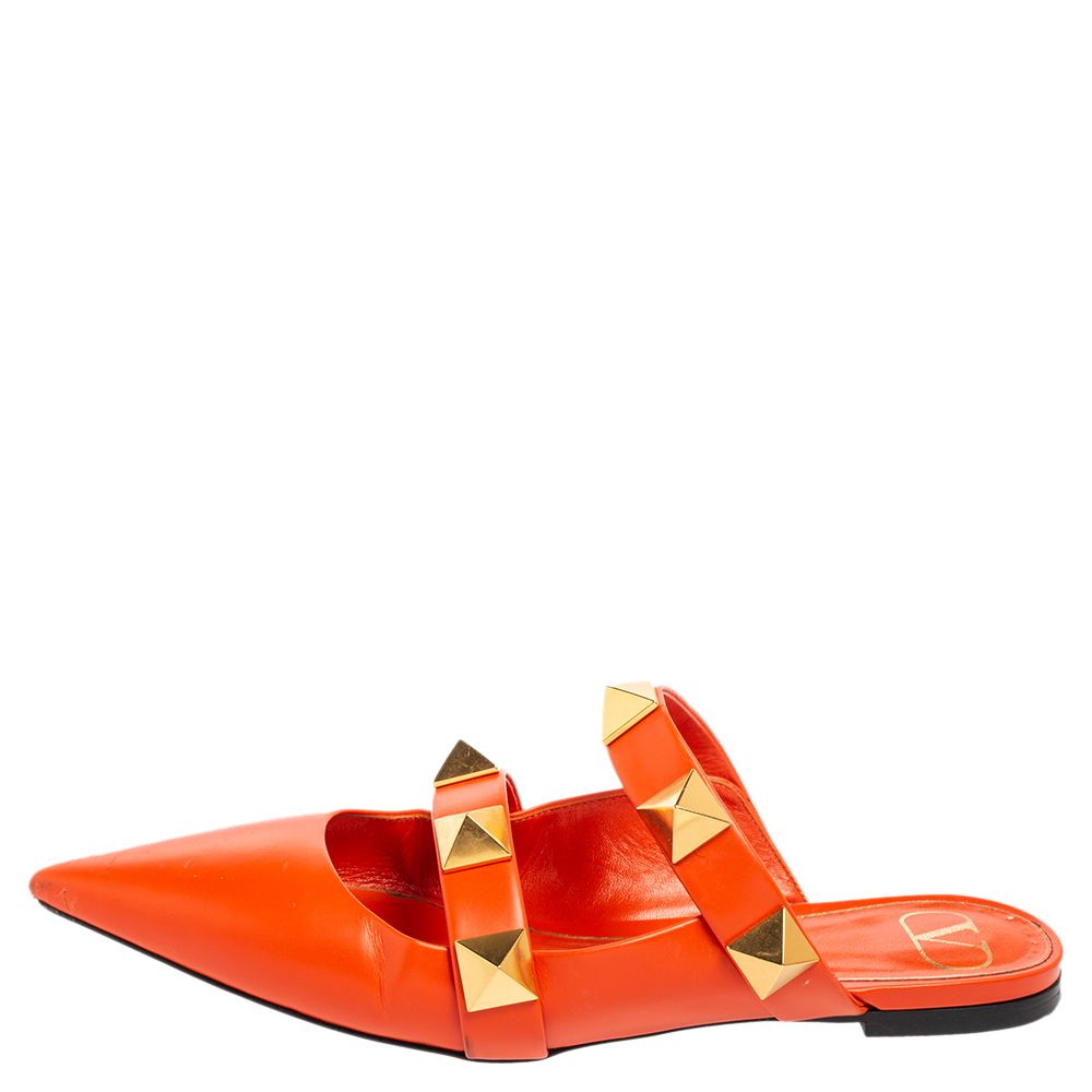 

Valentino Orange Leather Roman Stud Flat Mules Size