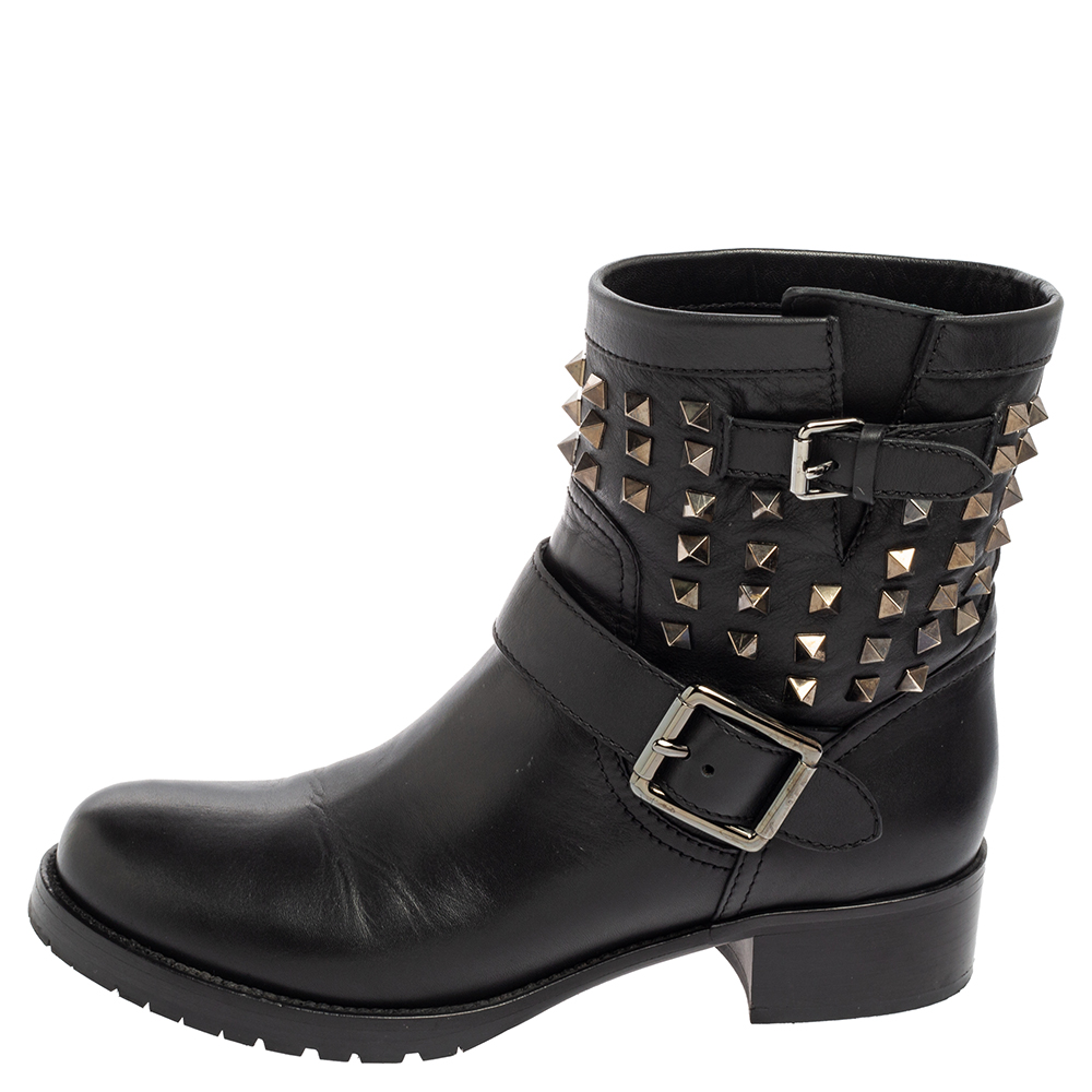 

Valentino Black Leather Rockstud Combat Boots Size