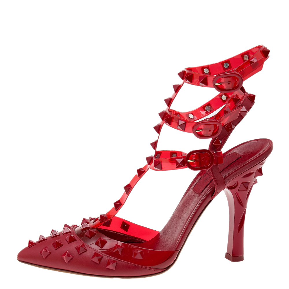 

Valentino Red Leather And PVC Rockstud Rouge Ankle Strap Sandals Size