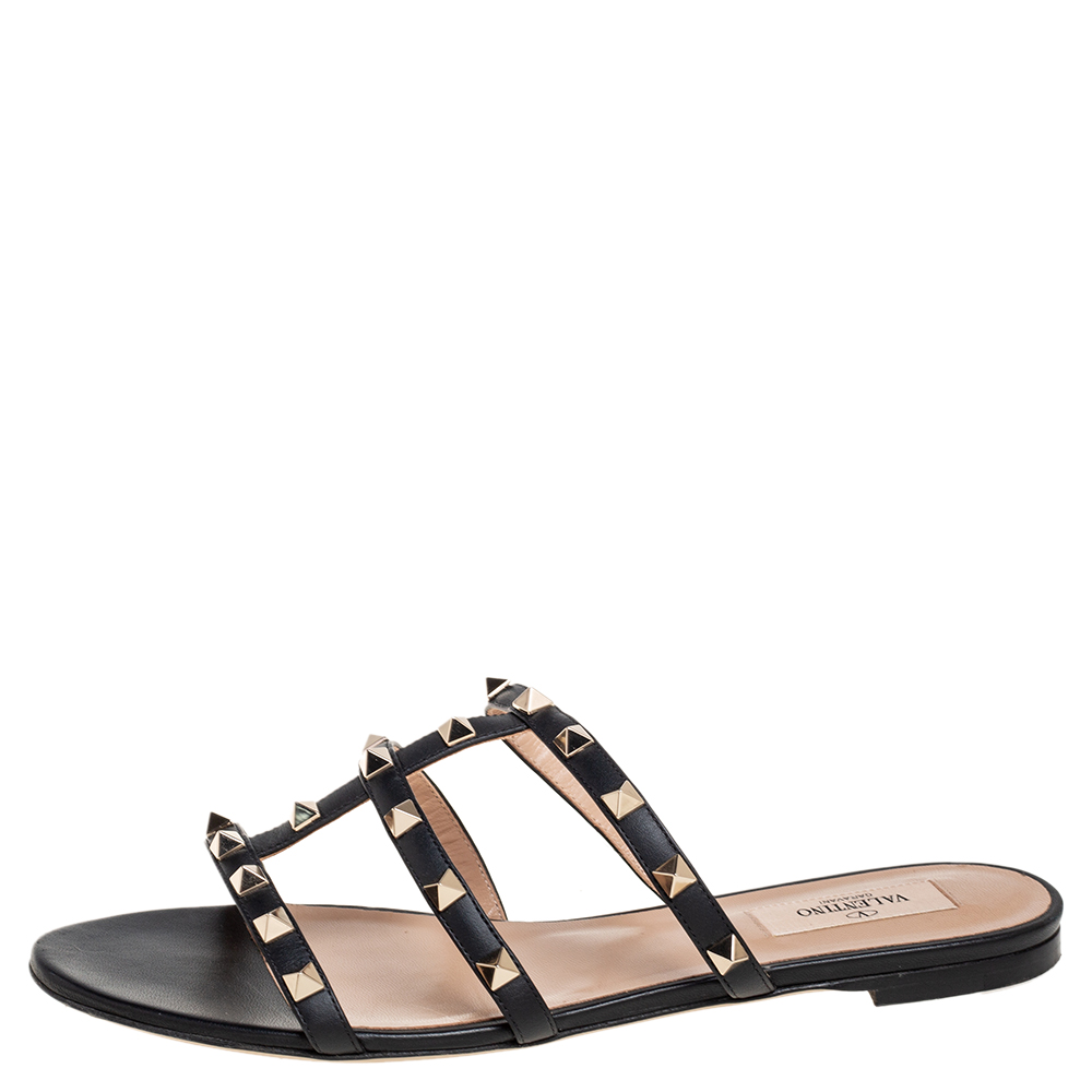 

Valentino Black Leather Rockstud Flat Sandals Size