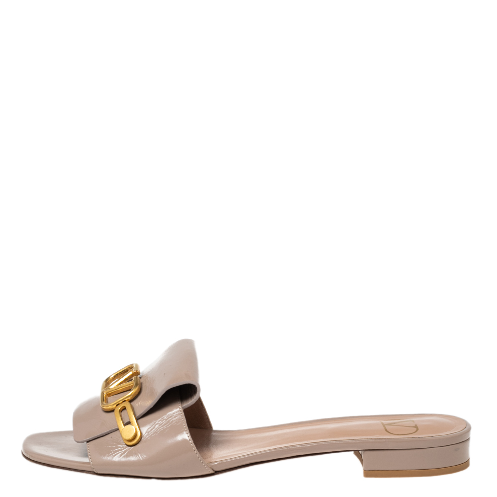 

Valentino Beige Leather VLogo Open Toe Flat Slide Sandals Size