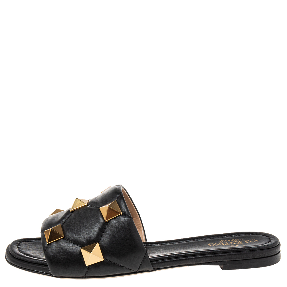 

Valentino Black Quilted Leather Roman Stud Flat Slides Size