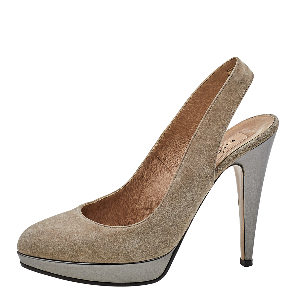 

Valentino Dark Beige/Grey Suede and Leather Slingback Platform Sandals Size