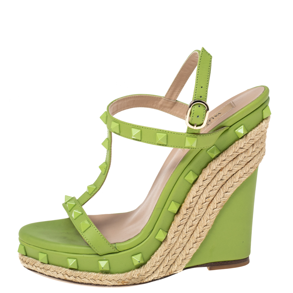 

Valentino Pistachio Green Leather Rockstud T-Strap Espadrille Wedge Sandals Size