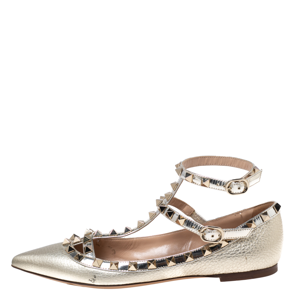 

Valentino Dull Gold Leather Rockstud Ankle Strap Ballet Flats Size