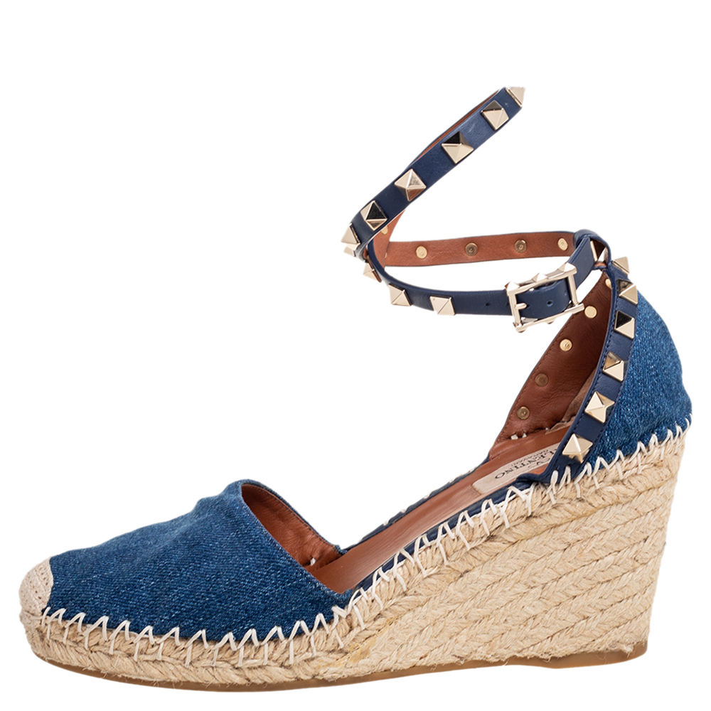 

Valentino Blue Denim Rockstud Espadrille Wedge Ankle-Strap Pumps Size