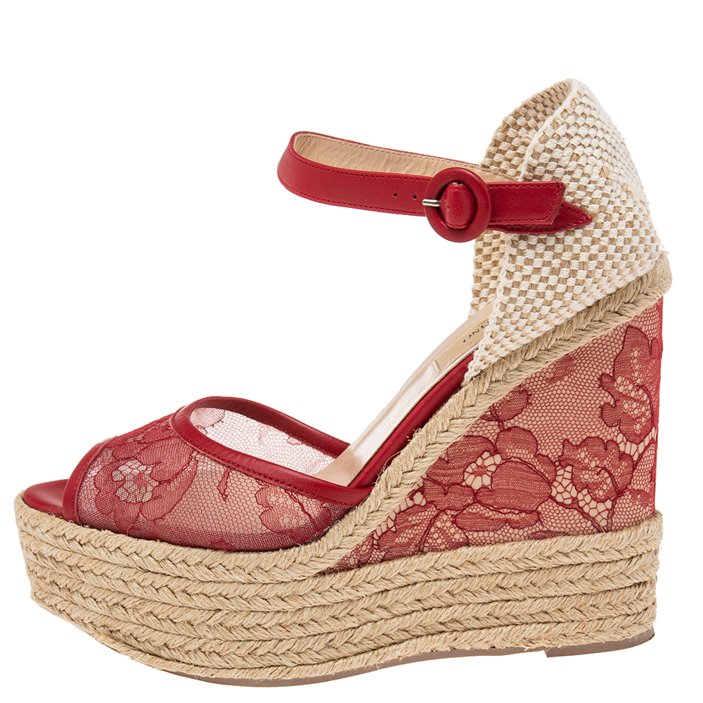 

Valentino Red Lace And Mesh Espadrille Platform Wedge Sandals Size