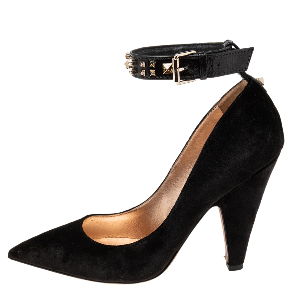 

Valentino Black Velvet Crystal and Stud Embellished Ankle-Strap Pumps Size