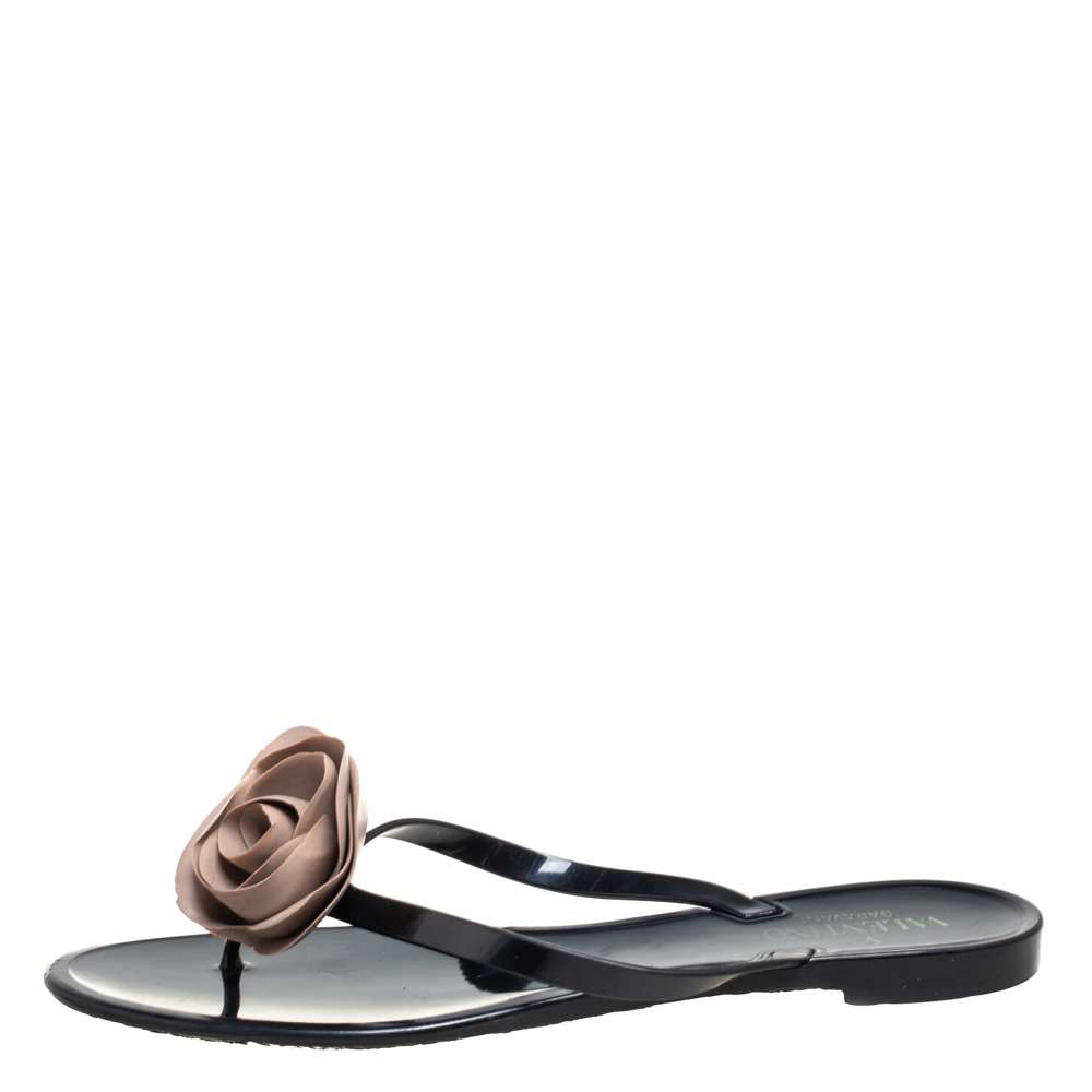 

Valentino Black Jelly Couture Rose Thong Flat Sandals Size