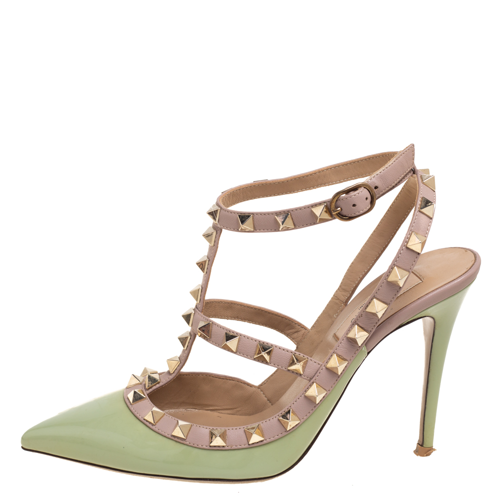 

Valentino Green/Beige Patent Leather Rockstud Ankle Strap Sandals Size