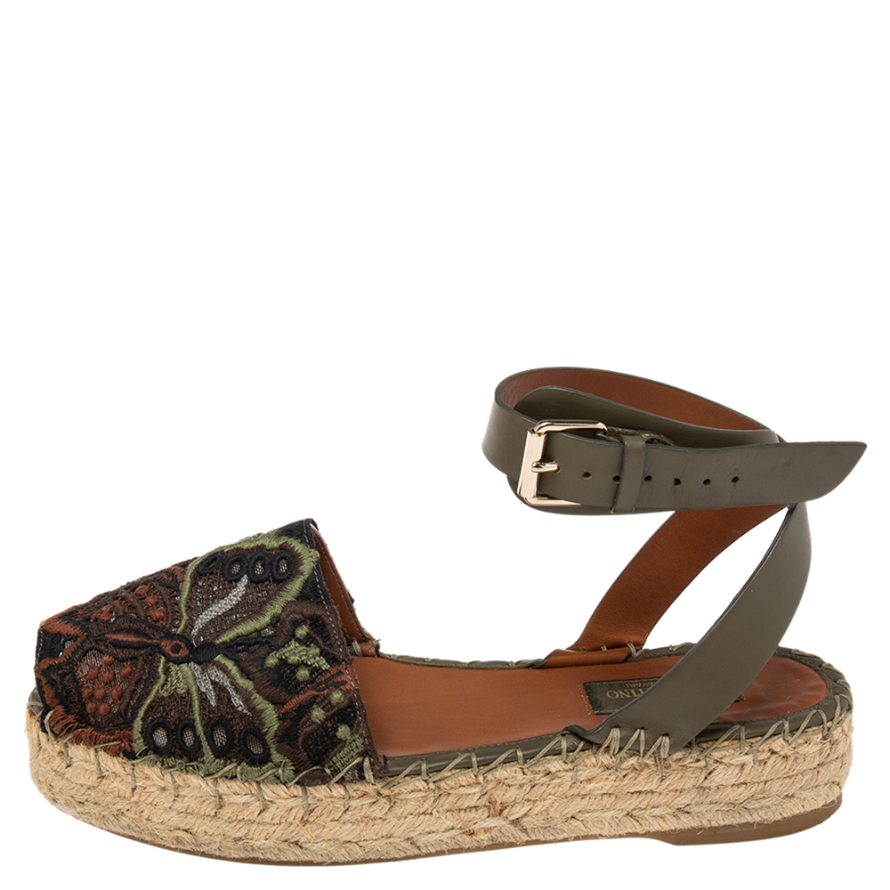 

Valentino Army Green Embroidered Mesh and Leather Ankle-Strap Espadrille Sandals Size