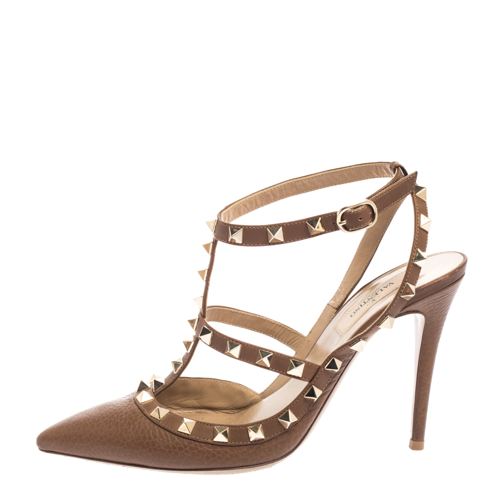 

Valentino Brown Leather Rockstud Ankle-Strap Pumps Size