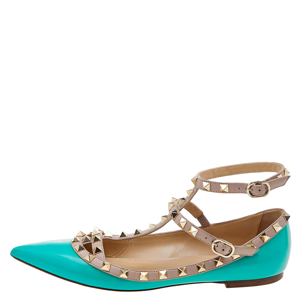 

Valentino Sea Green/Beige Patent Leather Rockstud Ankle Strap Ballet Flats Size