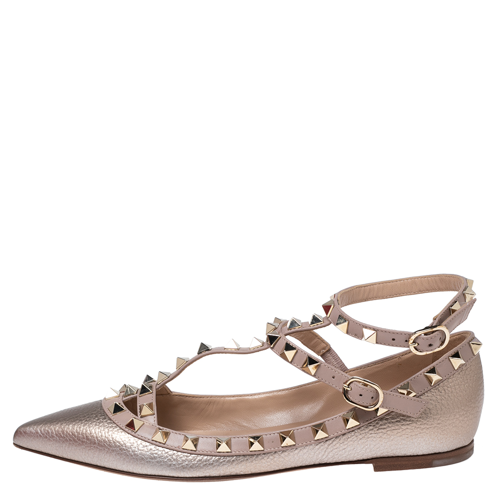 

Valentino Rose Gold Leather Rockstud Ankle-Strap Ballet Flats Size