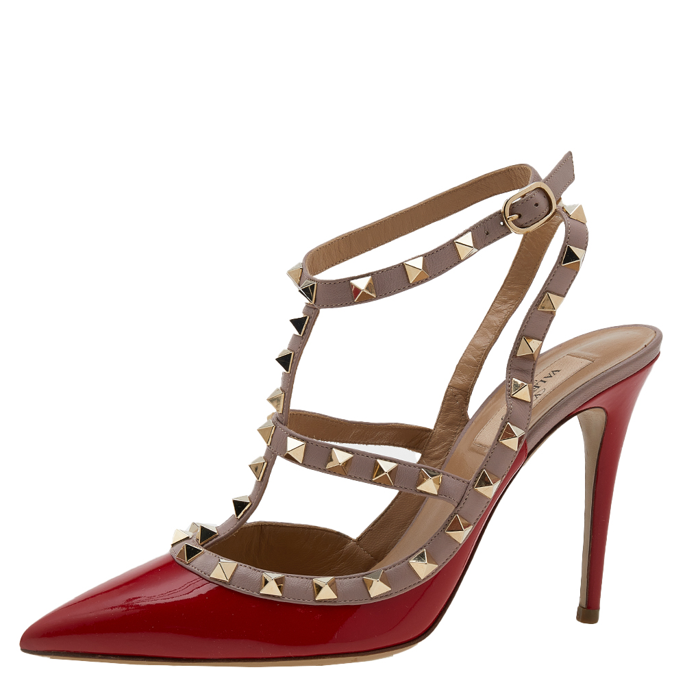 

Valentino Red/Pink Patent Leather Rockstud Ankle Strap Sandals Size