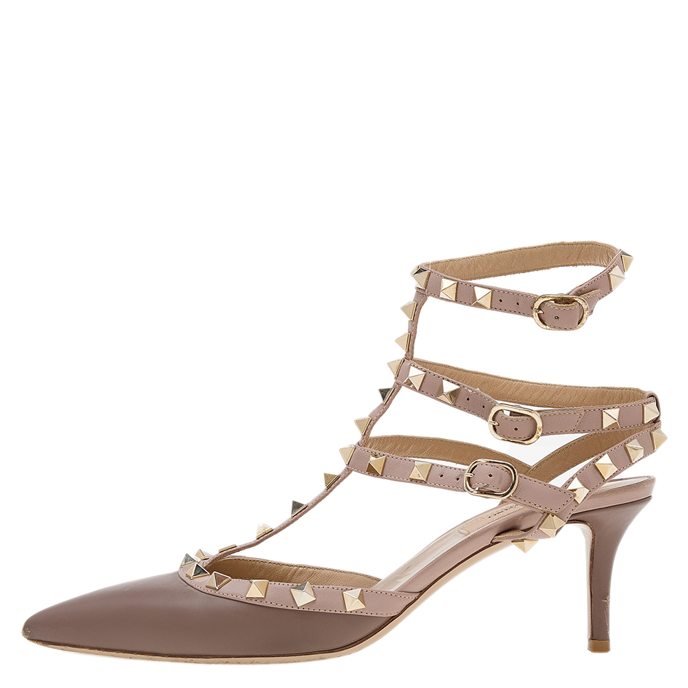 

Valentino Dark Beige Leather Rockstud Ankle Strap Sandals Size