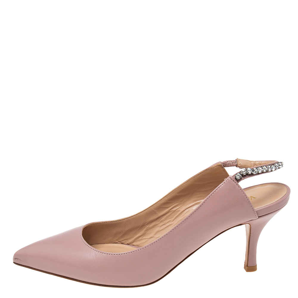 

Valentino Pink Leather Crystal Embellished Slingback Pointed-Toe Pumps Size