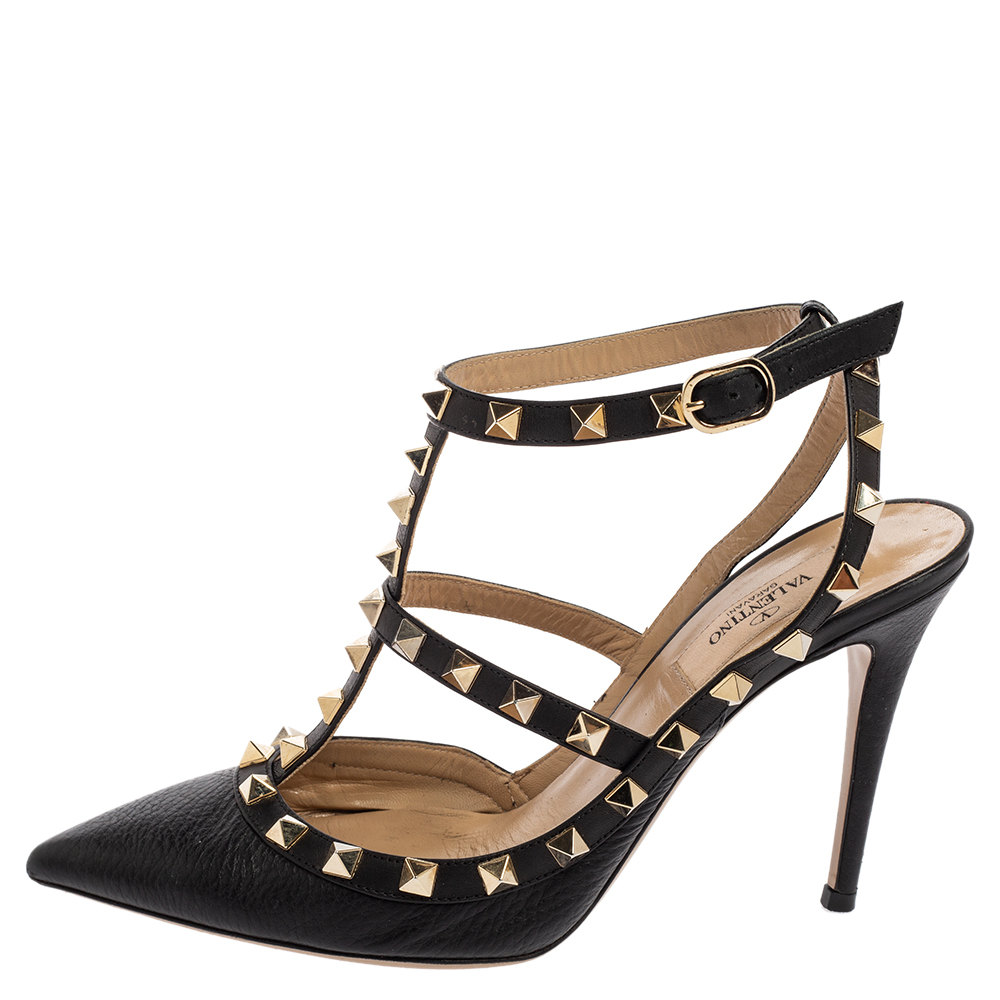 

Valentino Black Leather Rockstud Ankle-Strap Pumps Size