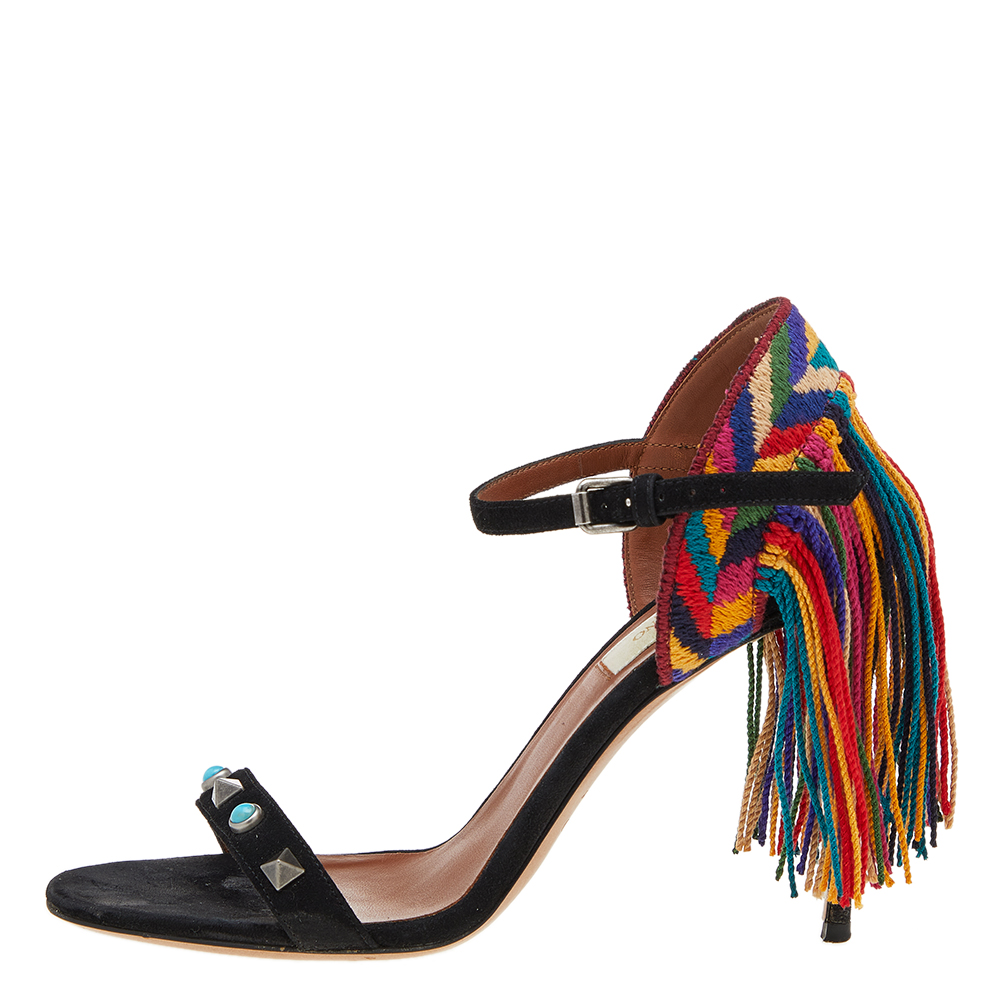 

Valentino Black Suede Rockstud Rolling Multicolor Fringe Sandals Size