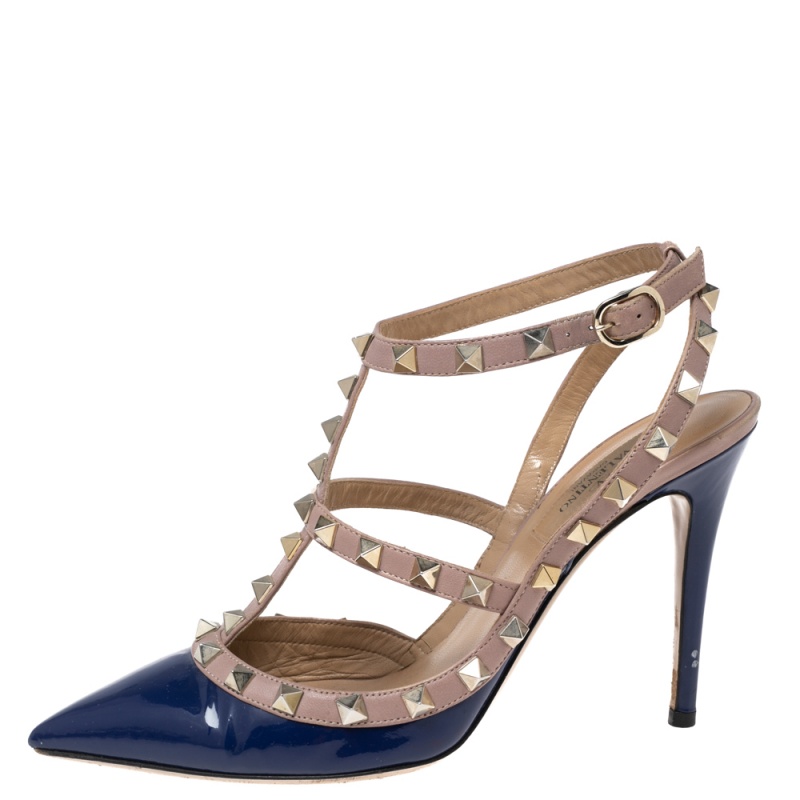 

Valentino Blue/Pink Patent and Leather Ankle-Strap Pumps Size