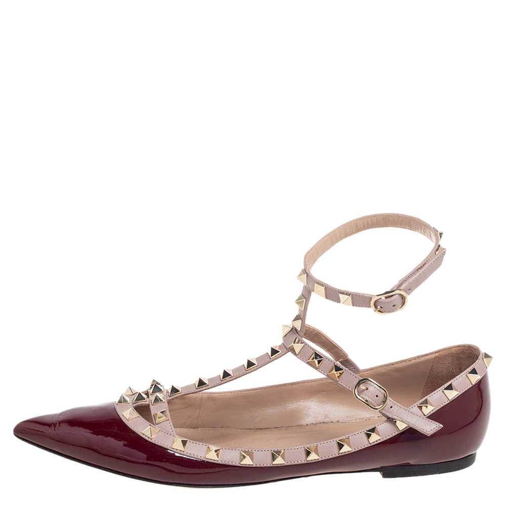 

Valentino Burgundy/Pink Patent and Leather Rockstud Ballet Flats Size