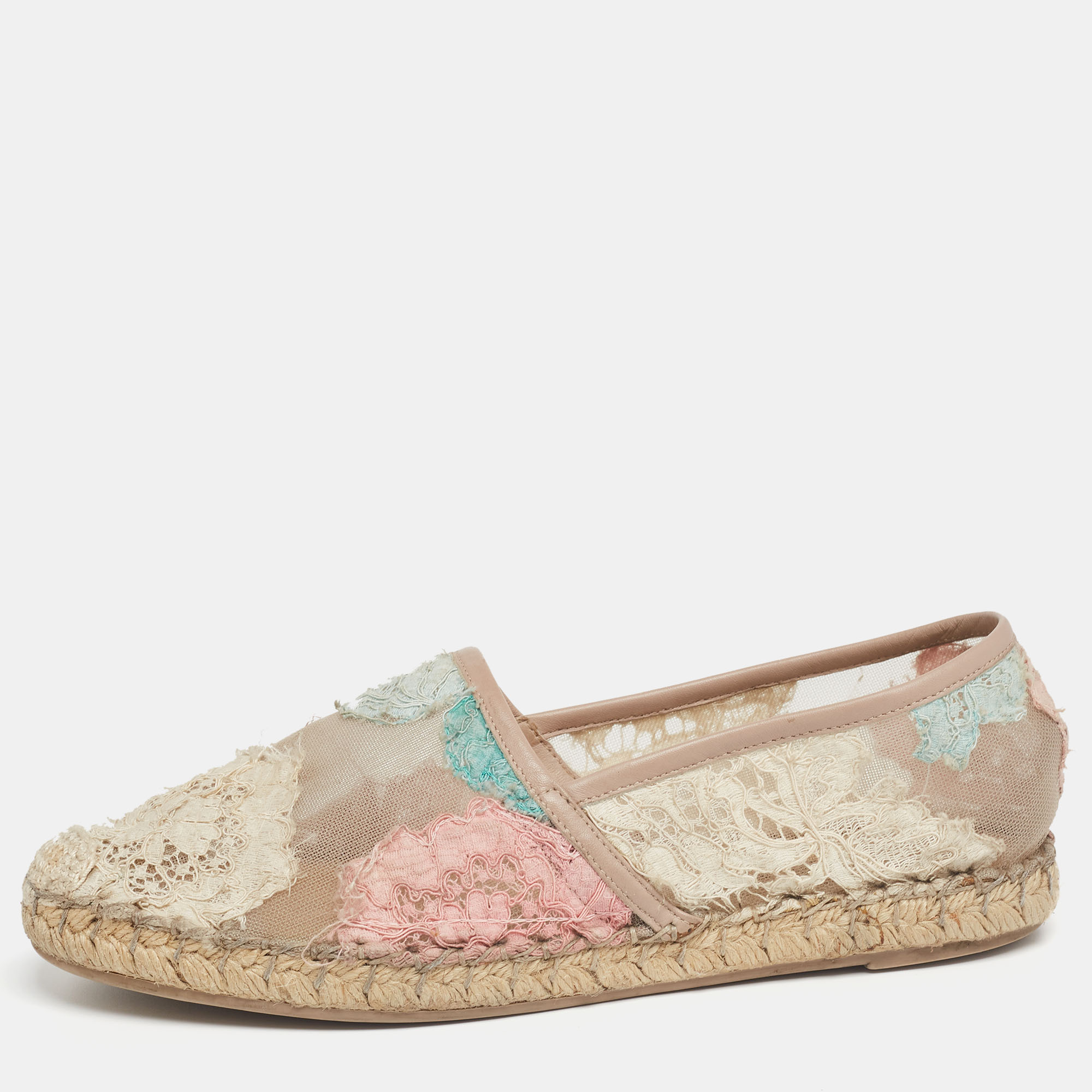 

Valentino Tri-Color Lace Flat Espadrilles Size, Beige