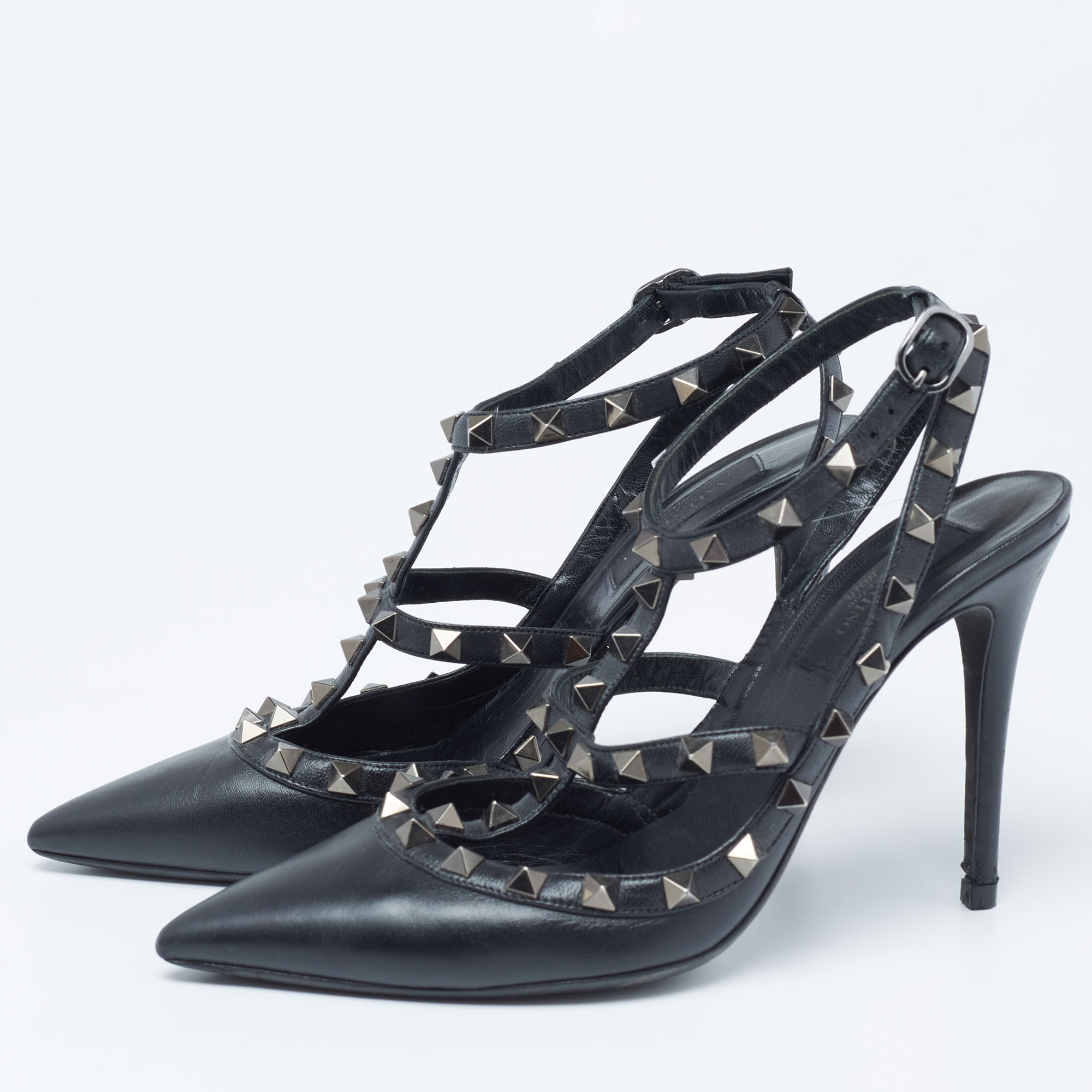 

Valentino Black Leather Rockstud Pointed Toe Ankle Strap Sandals Size