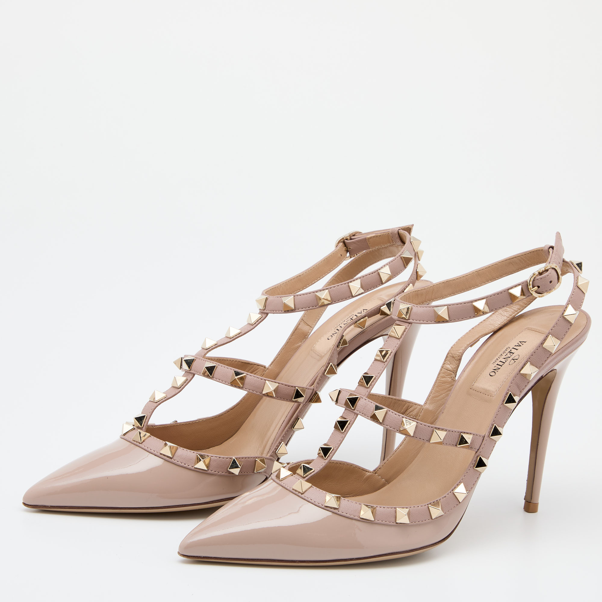 

Valentino Beige Patent Leather Rockstud Ankle Strap Sandals Size