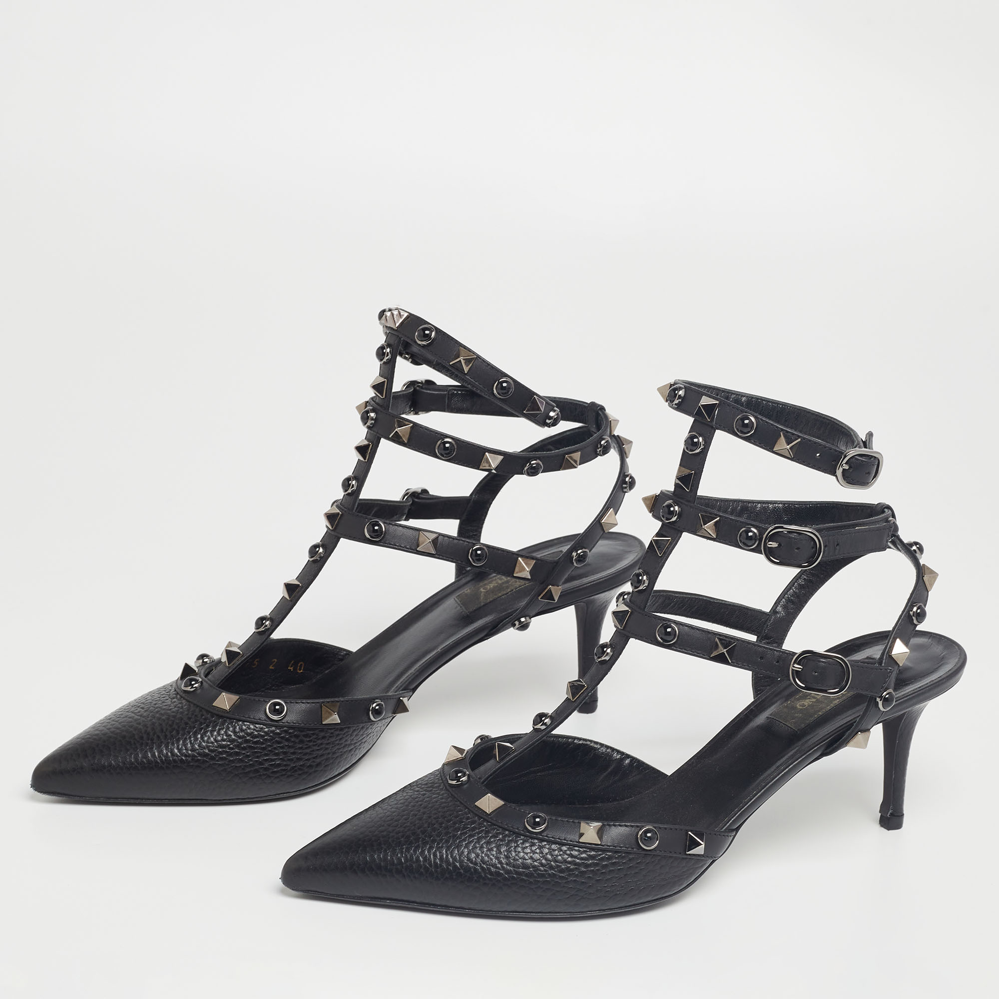 

Valentino Black Leather Rockstud Ankle-Strap Pumps Size