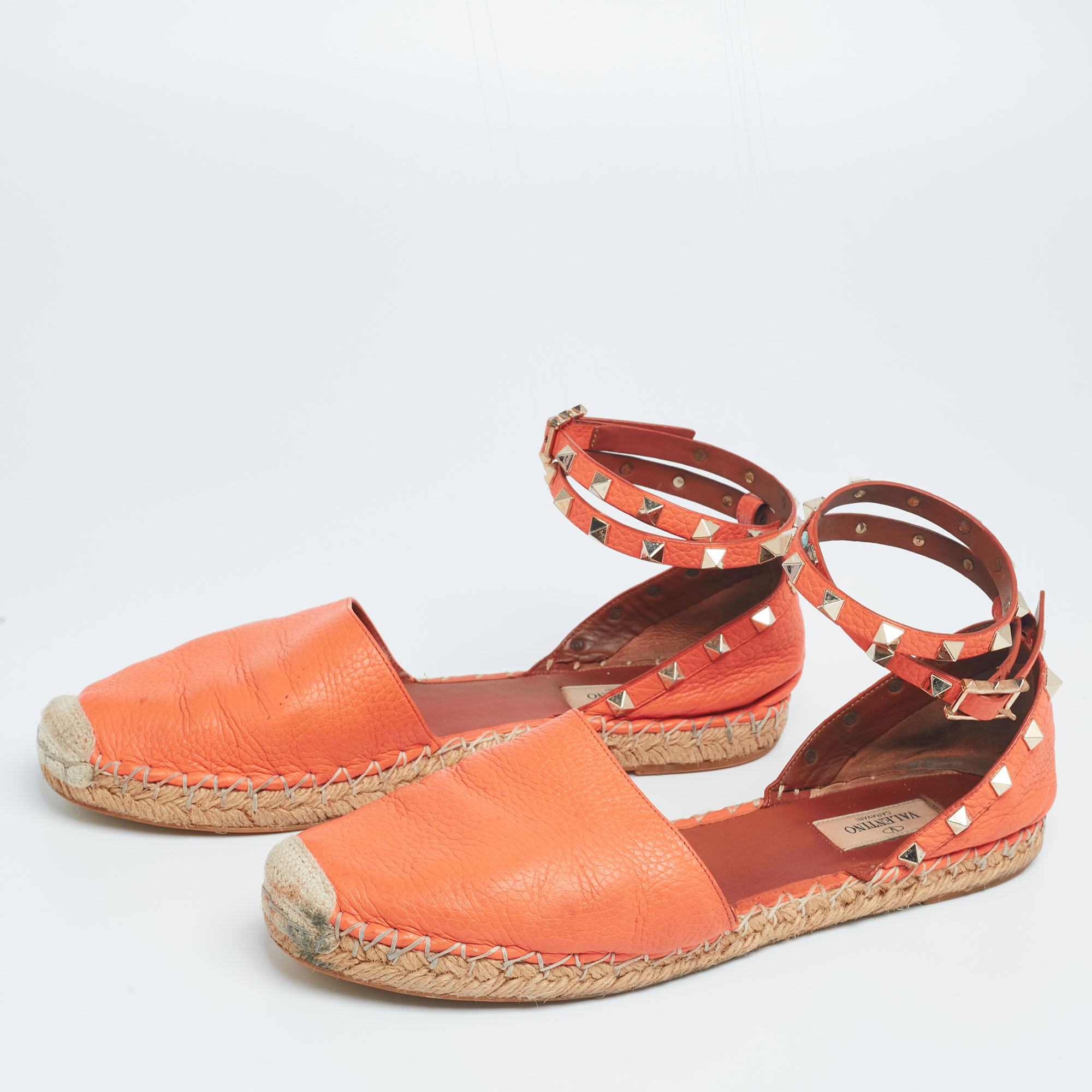 

Valentino Orange Leather Rockstud Ankle Strap Espadrille Flats Size