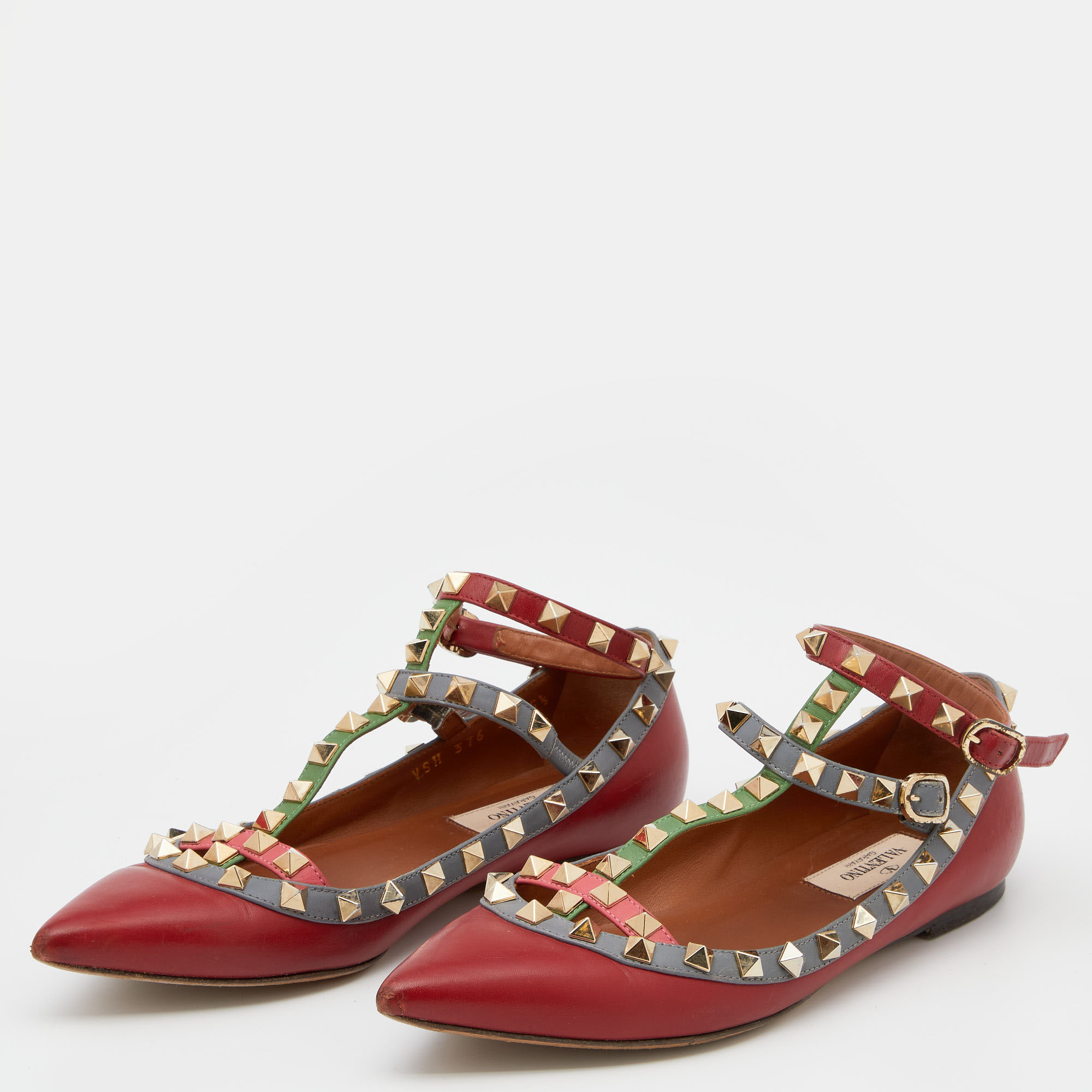 

Valentino Red Leather Rockstud Caged Ankle Cuff Ballet Flats Size