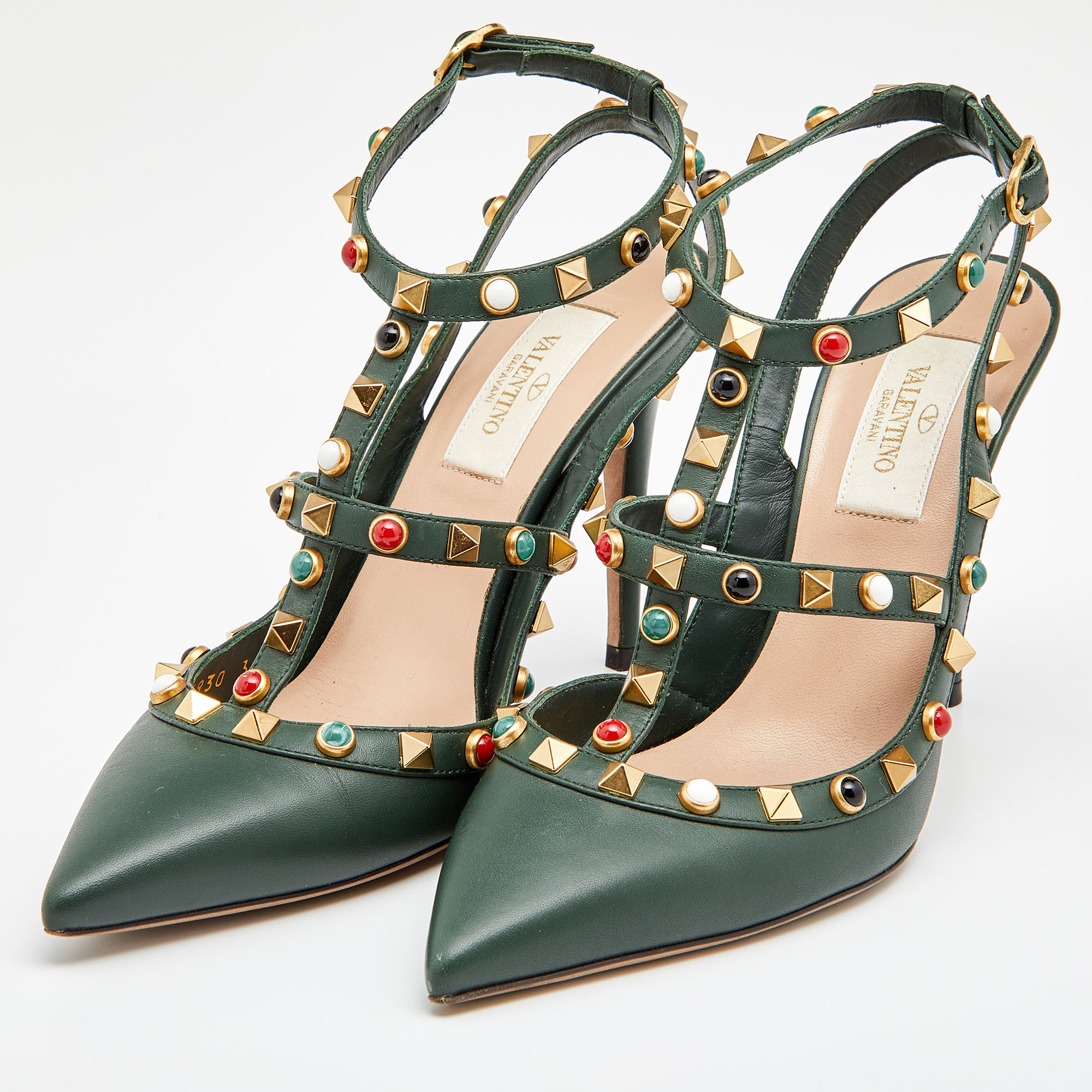 

Valentino Green Leather Rolling Rockstud Ankle Strap Sandals Size