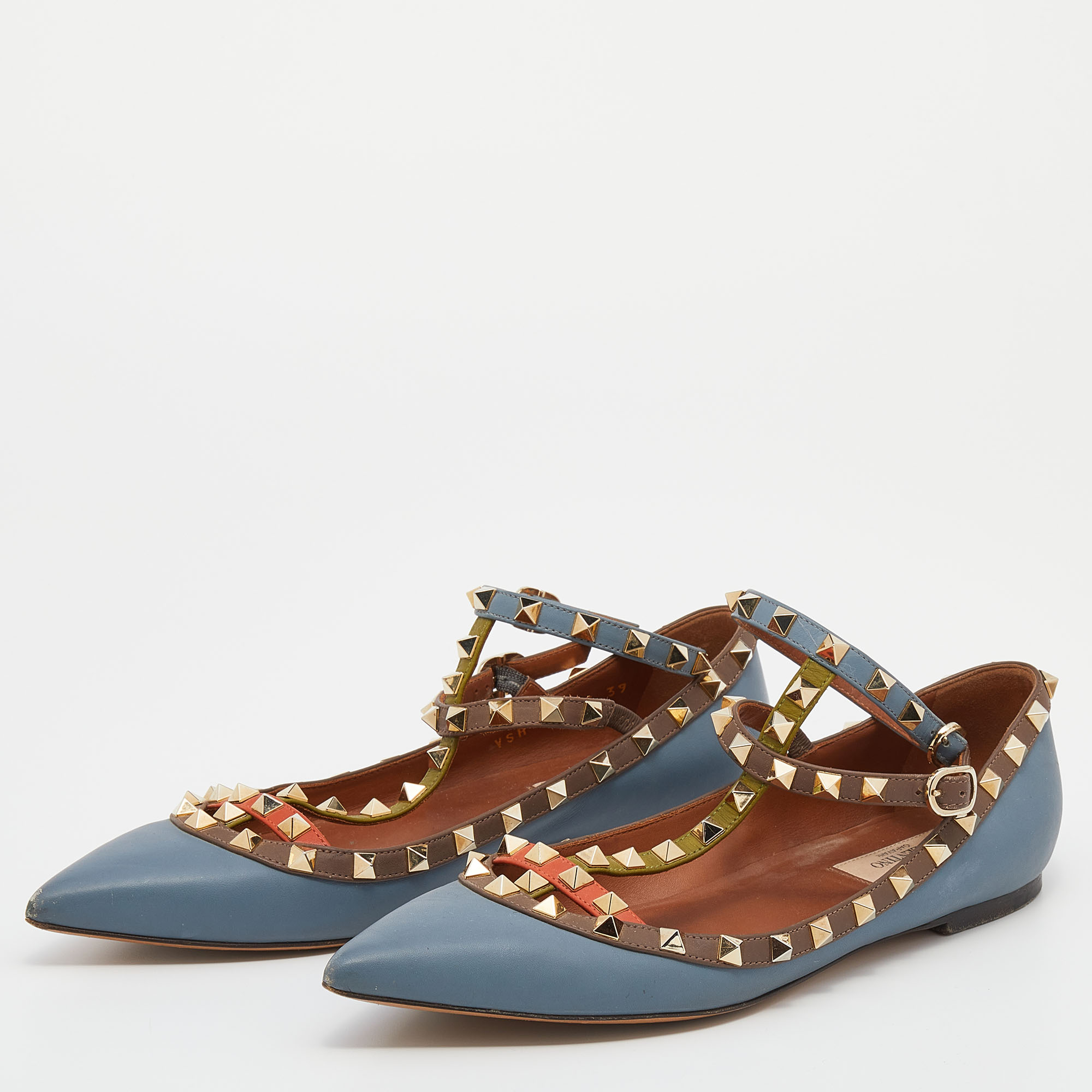 

Valentino Light Blue/Brown Leather Rockstud Flats Size 39