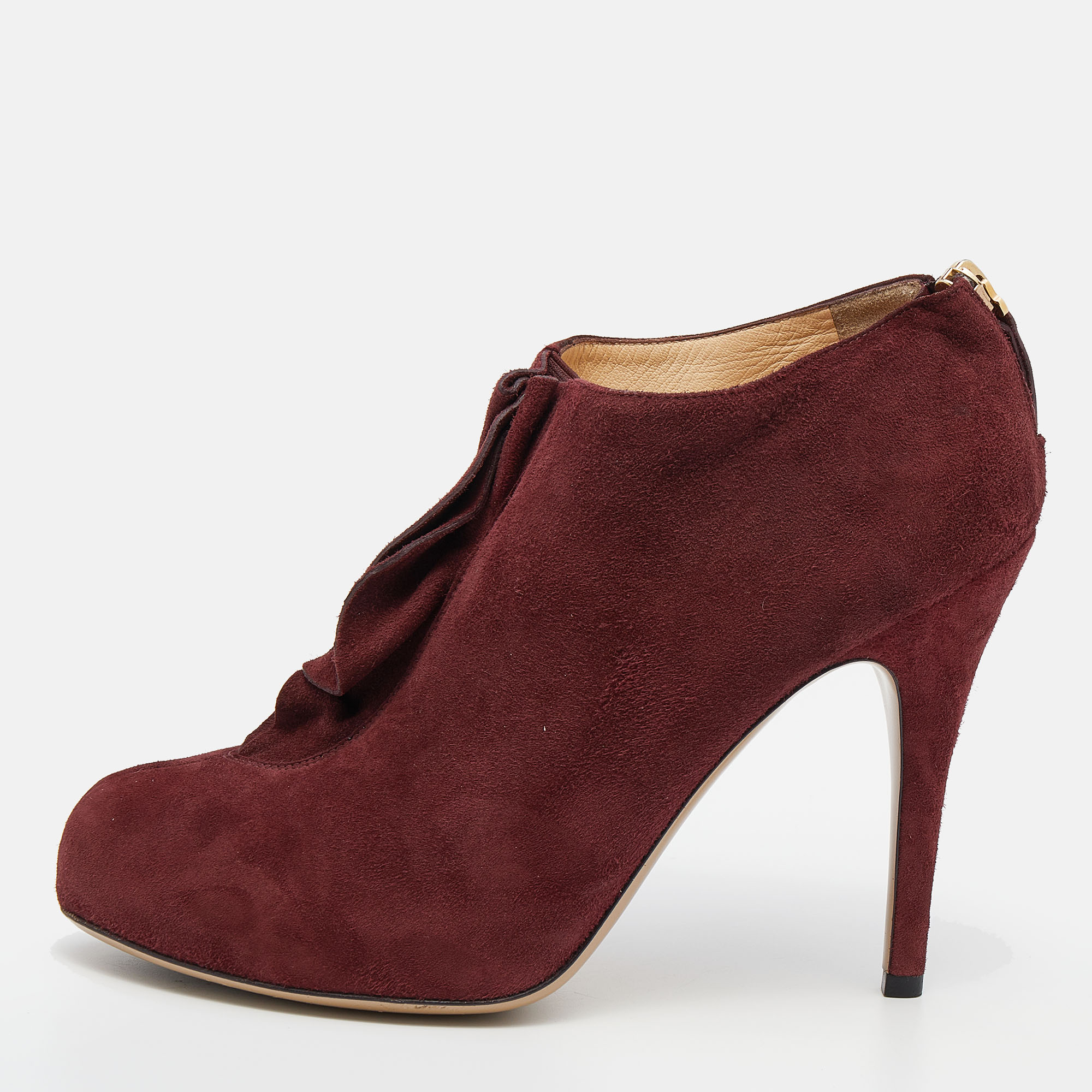 Pre-owned Valentino Garavani Red Suede Ankle Booties Size 38.5 In Burgundy