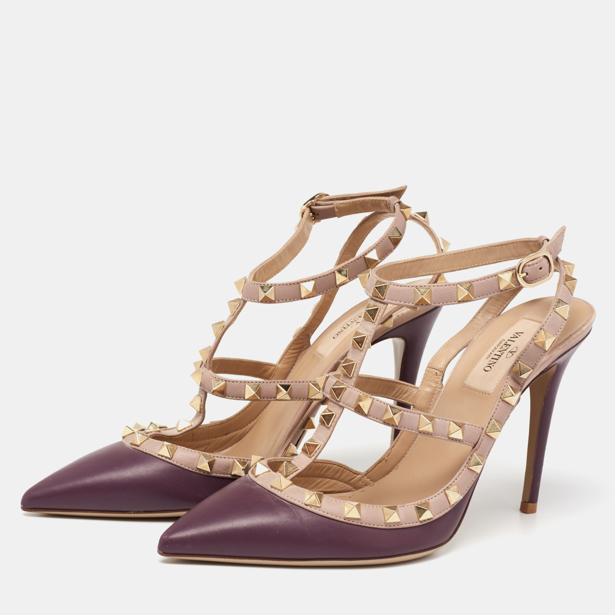 

Valentino Purple Leather Rockstud Ankle-Strap Pumps Size