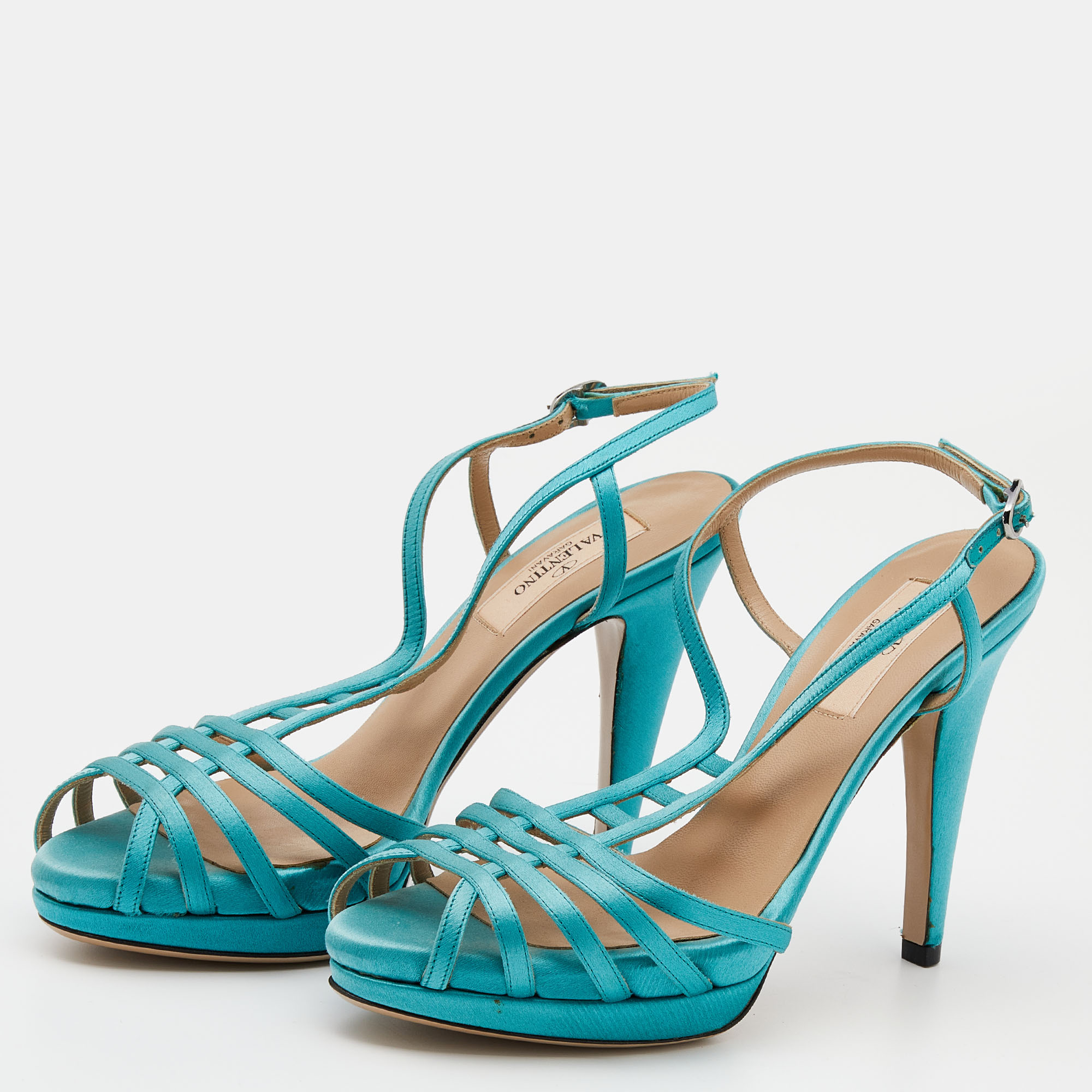 

Valentino Blue Satin Strappy Slingback Platform Sandals Size