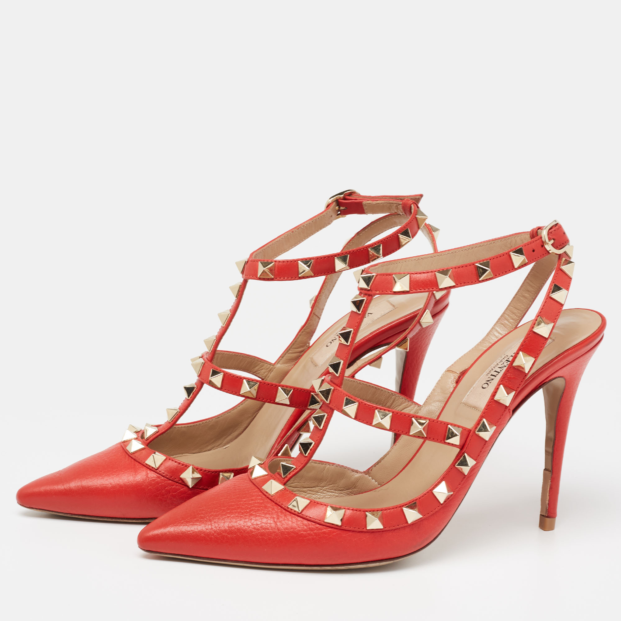 

Valentino Red Leather Rockstud Ankle-Strap Pumps Size