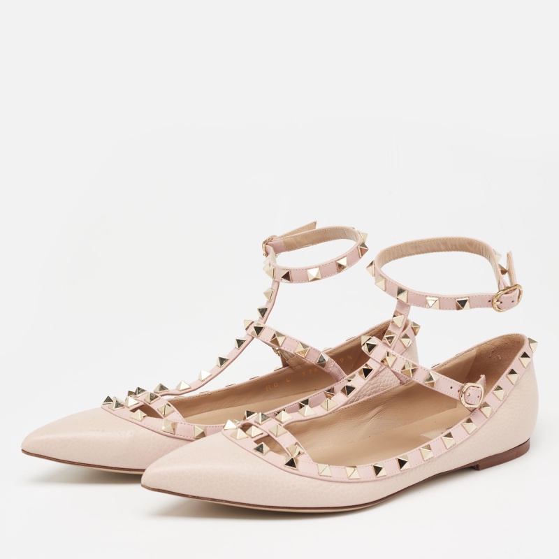 

Valentino Pink Leather Rockstud Ankle-Strap Ballet Flats Size