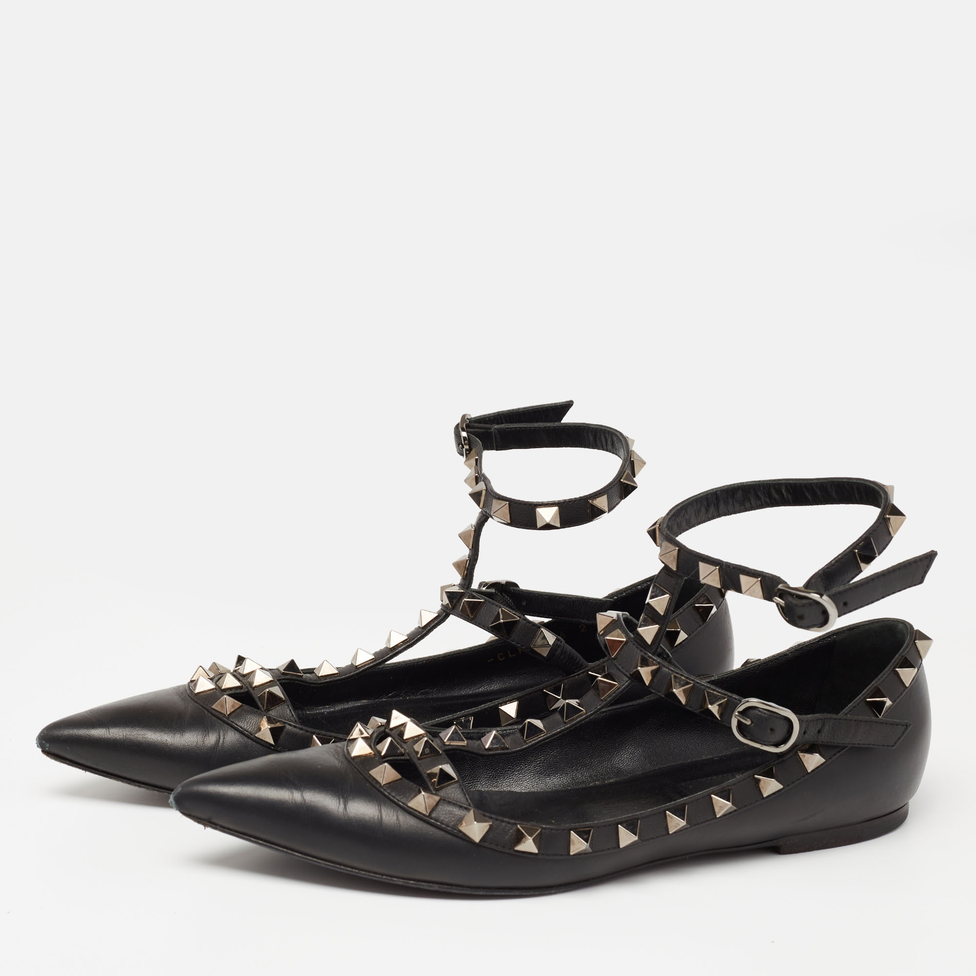 

Valentino Black Leather Rockstud Ankle-Strap Ballet Flats Size