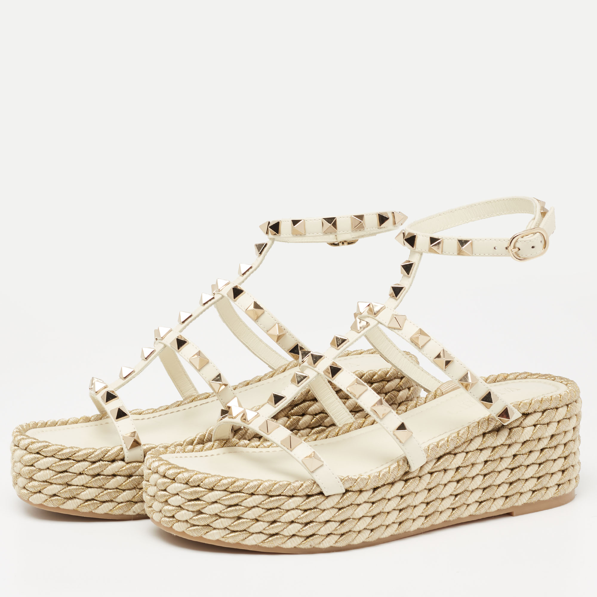 

Valentino Off-White Leather Rockstud Platform Wedge Sandals Size