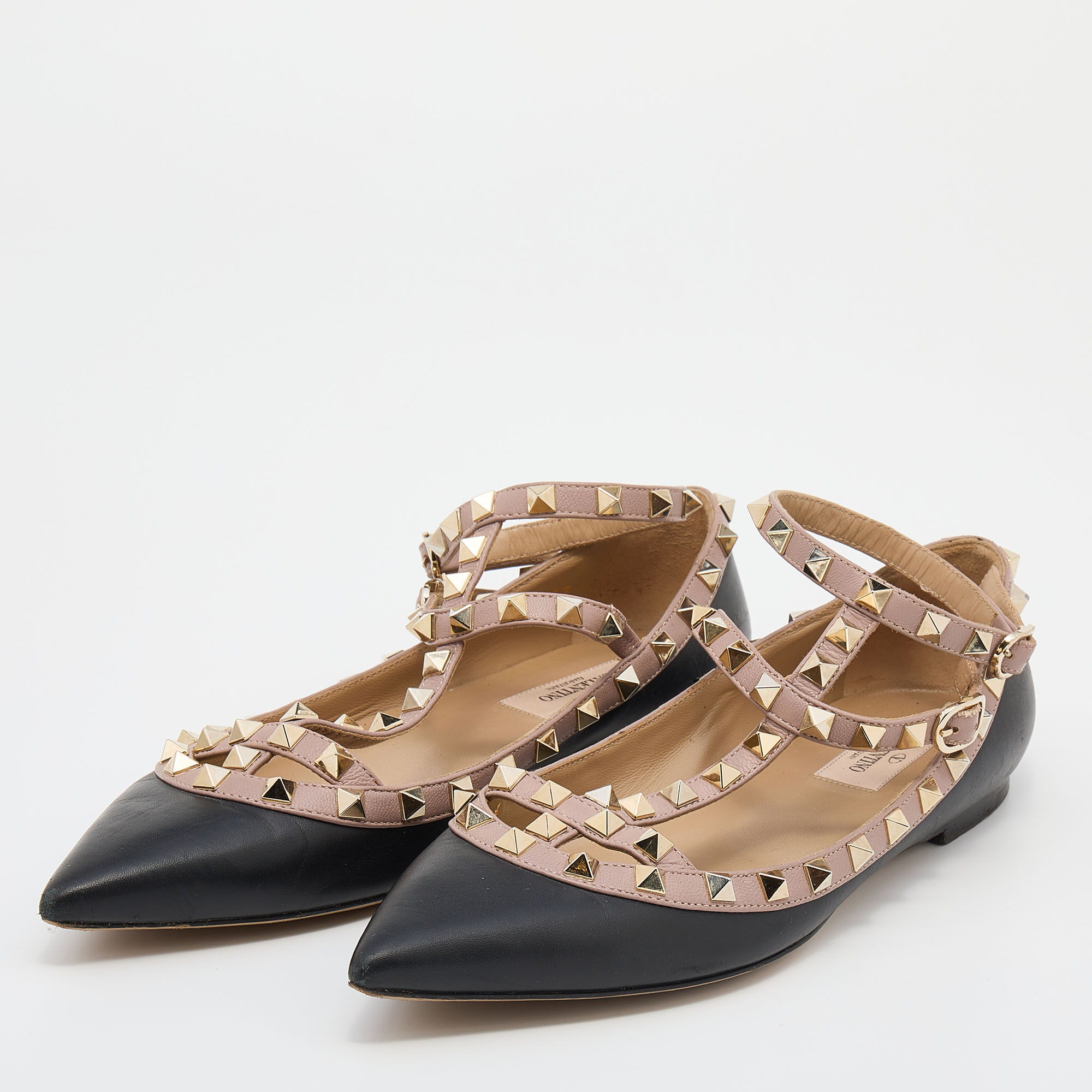 

Valentino Black/Beige Leather Rockstud Ankle Strap Ballet Flats Size