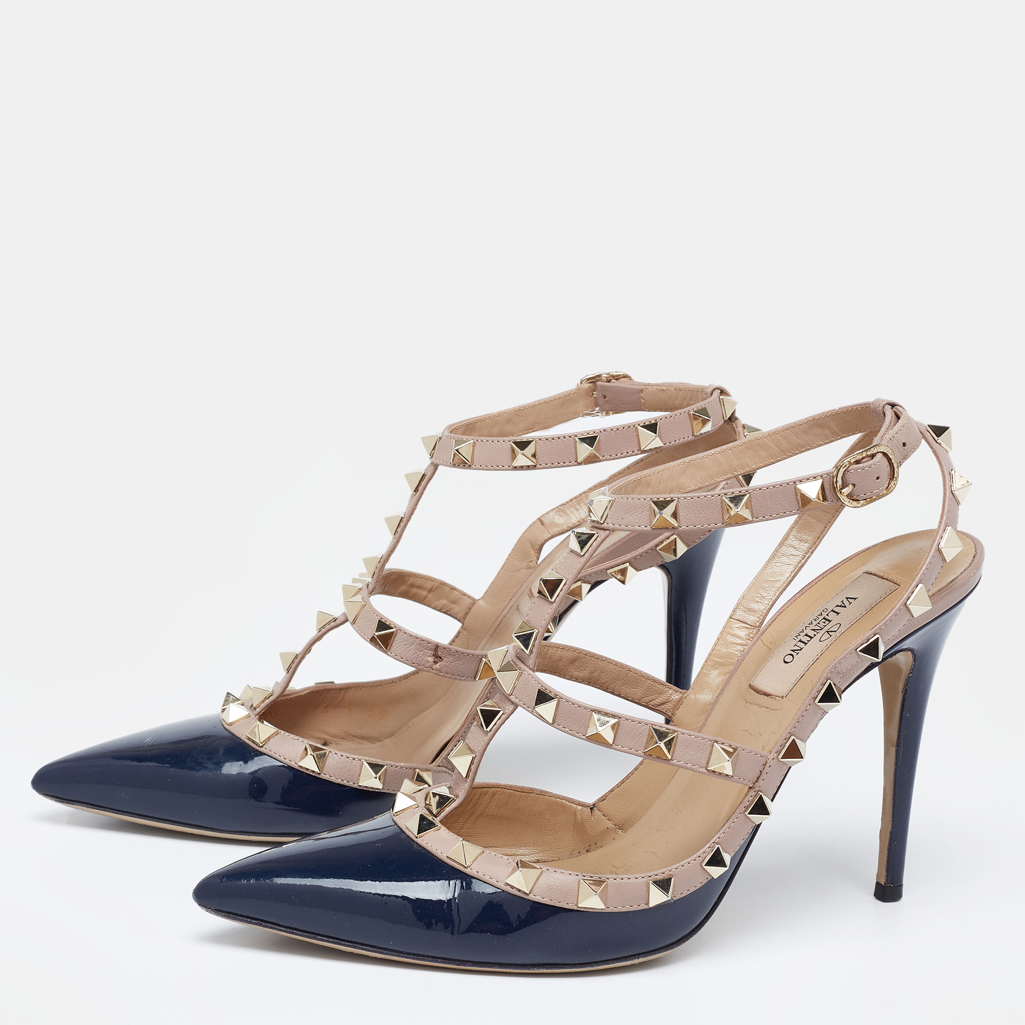 

Valentino Blue/Beige Patent And Leather Rockstud Ankle Strap Sandals Size