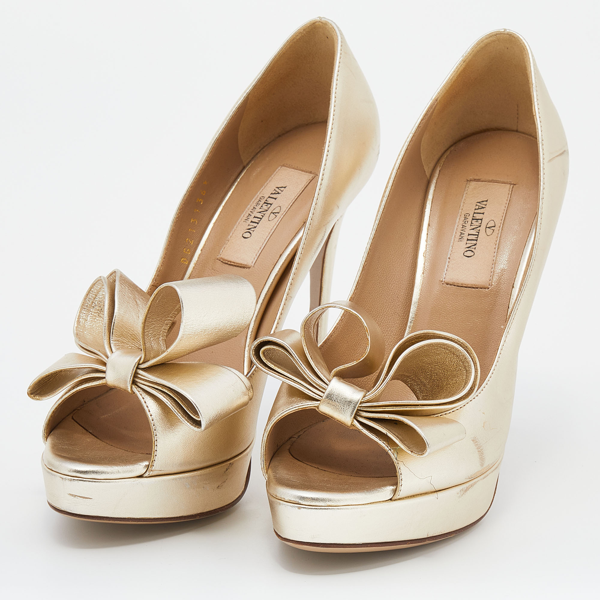 

Valentino Metallic Gold Leather Bow Peep Toe Platform Pumps Size