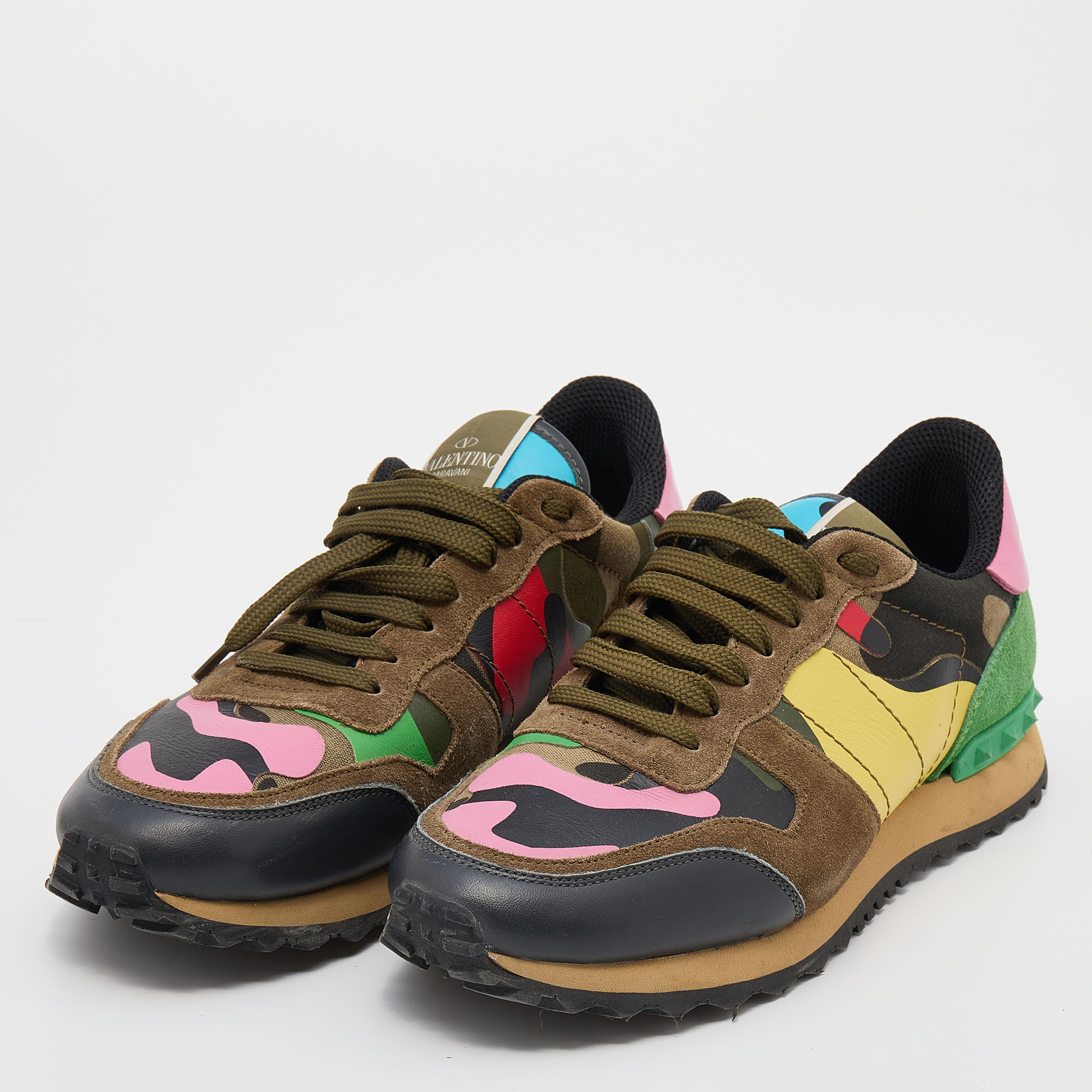 

Valentino Multicolor Camouflage Leather And Suede Rockrunner Low Top Sneakers Size