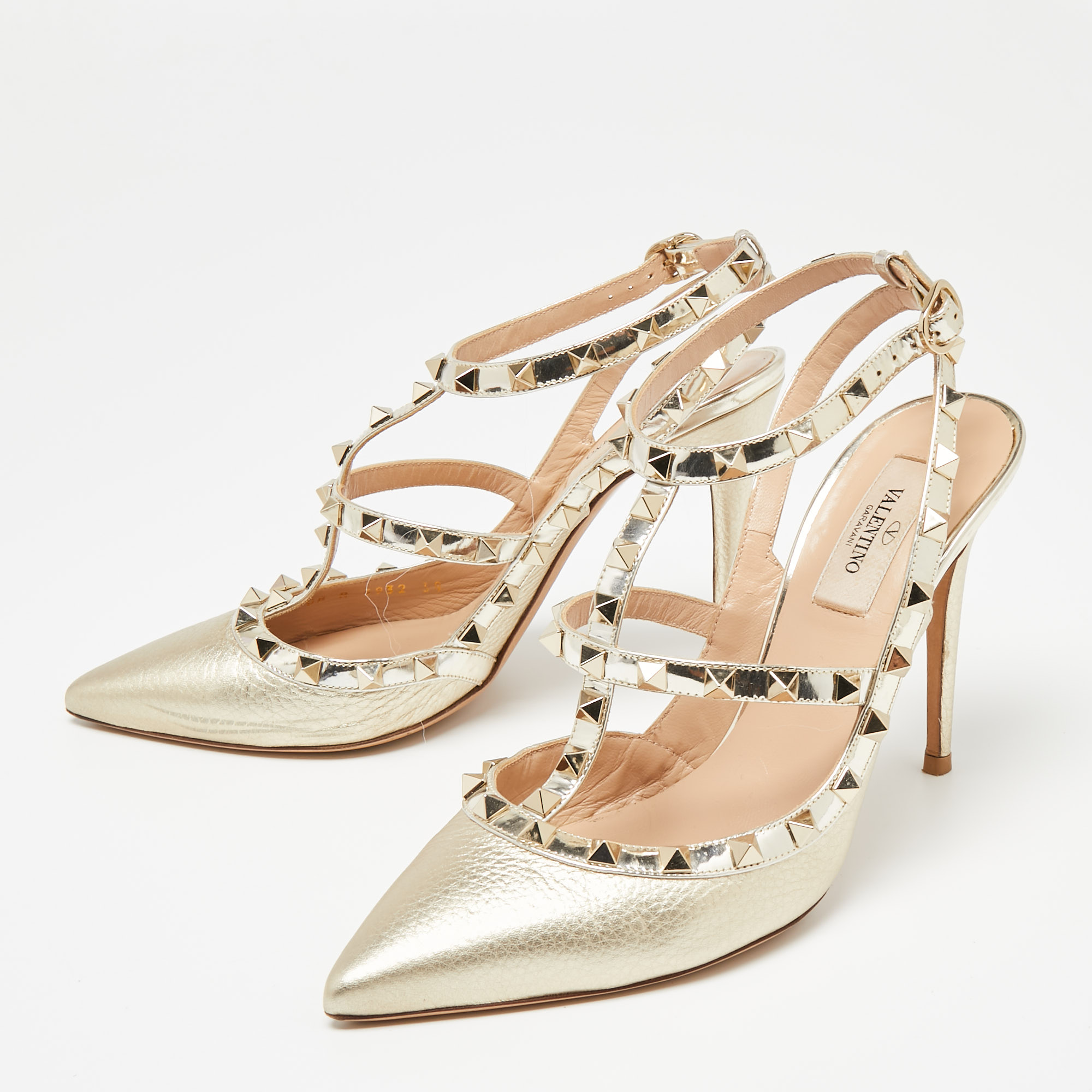 

Valentino Gold Leather Rockstud Ankle Strap Sandals Size