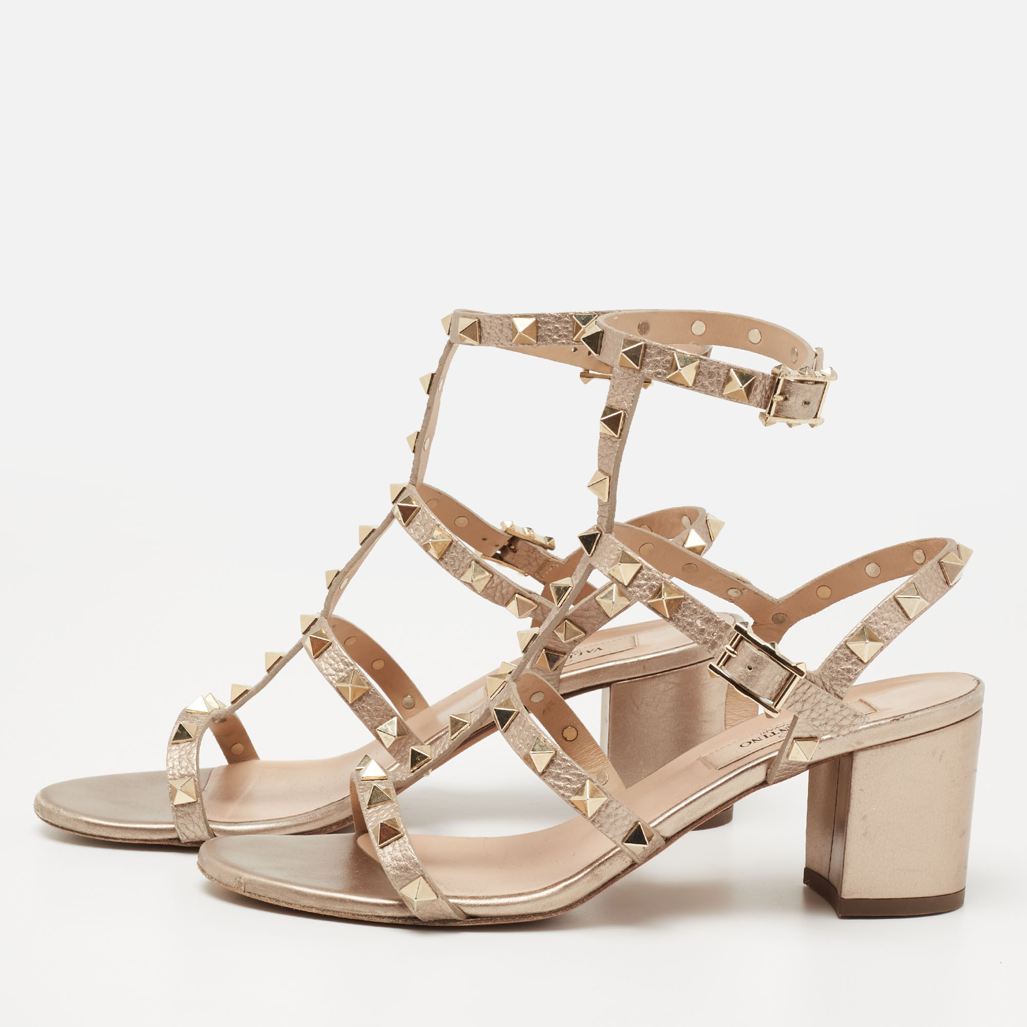 

Valentino Rose Gold Leather Rockstud Ankle-Strap Sandals Size