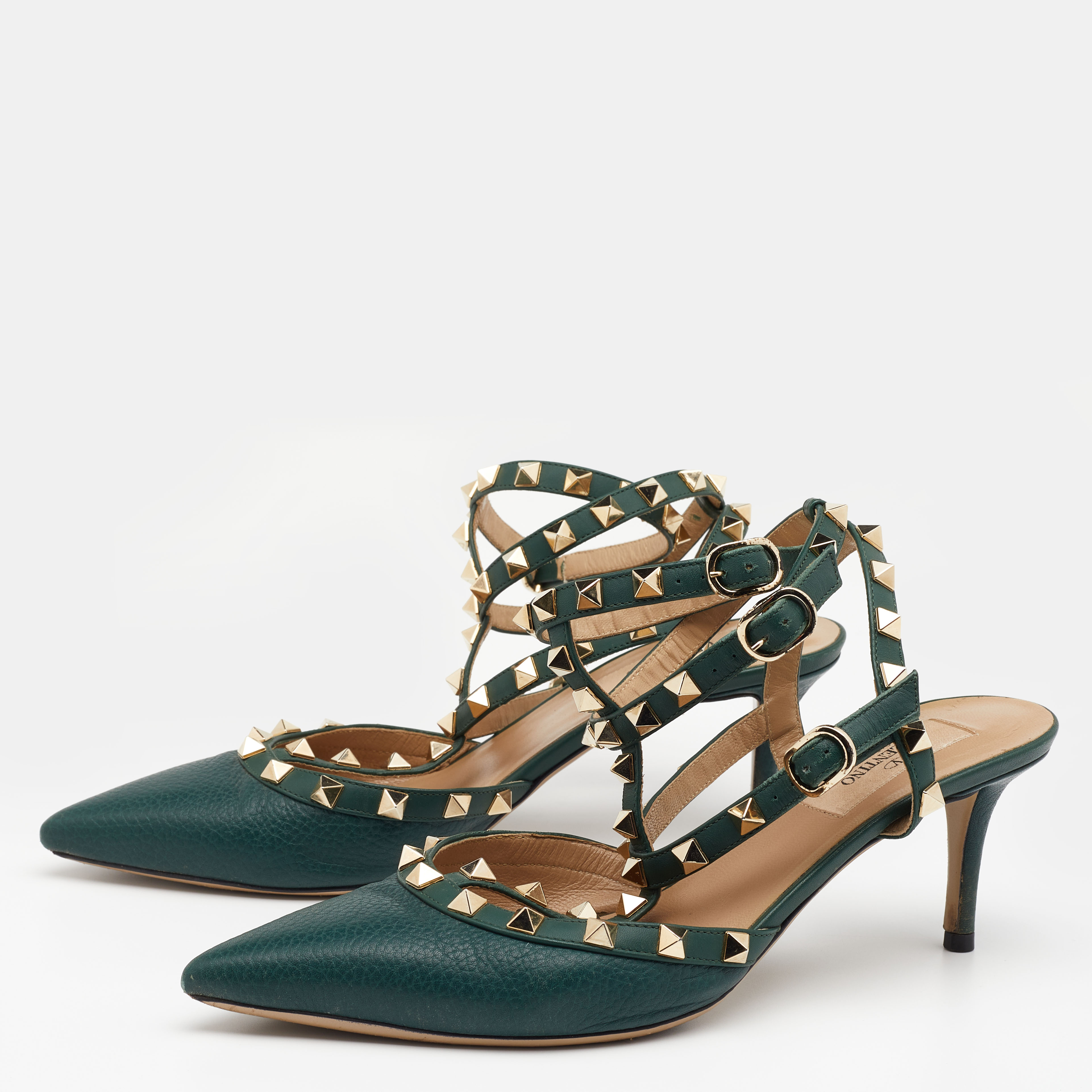 

Valentino Green Leather Rockstud Ankle Strap Pointed Toe Sandals Size