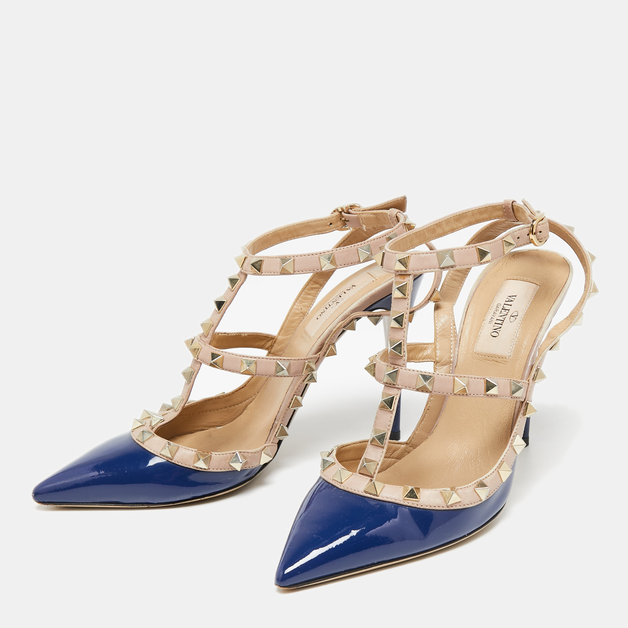 

Valentino Blue/Beige Patent And Leather Studded Ankle Strap Sandals Size