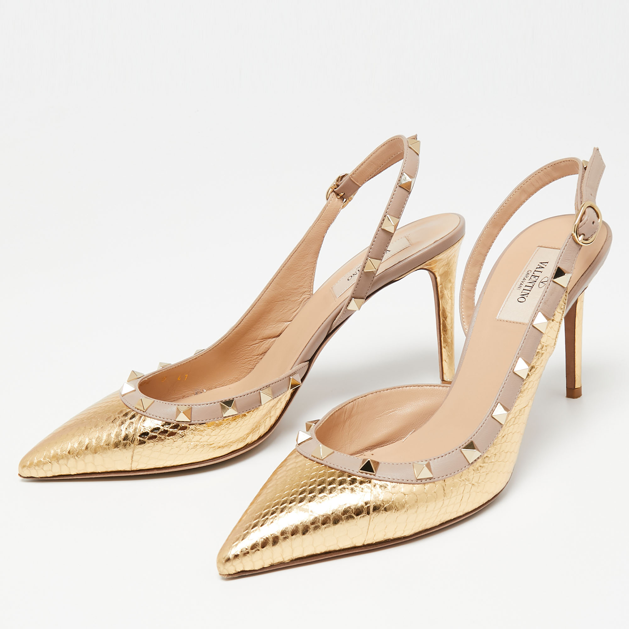 

Valentino Metallic Gold/Beige Python Embossed And Leather Rockstud Slingback Sandals Size